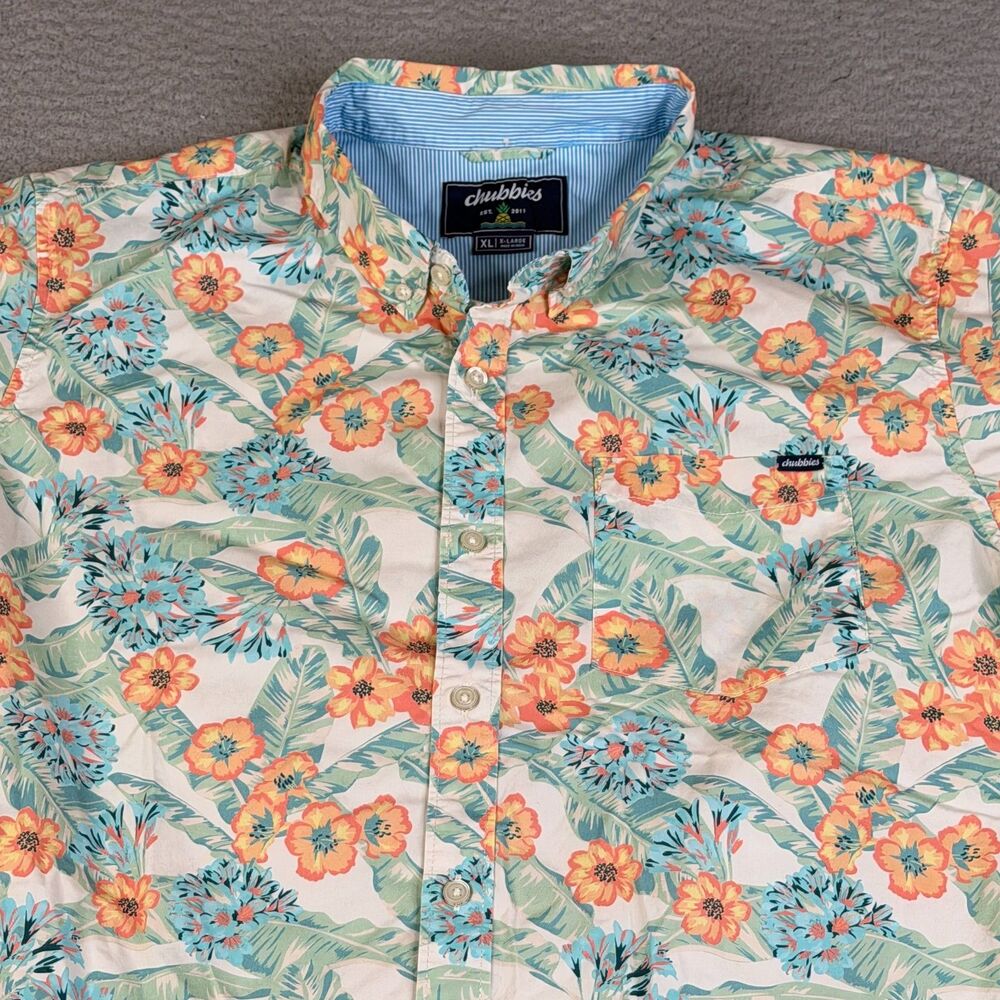 CHUBBIES Shirt Men XL Blue Orange Floral Cotton Stretch Hawaiian Vacation Cruise
